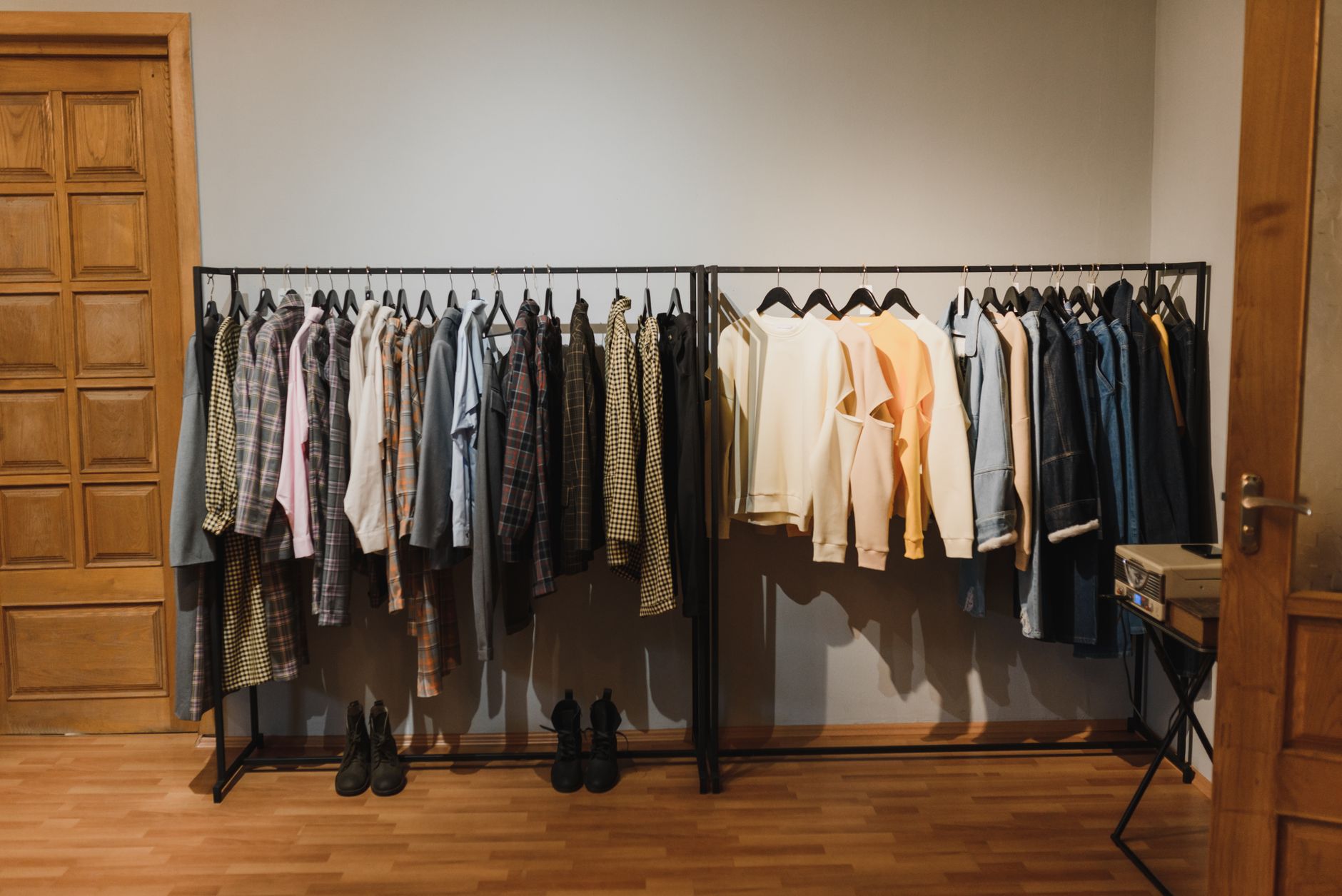 Garments on wooden hangers